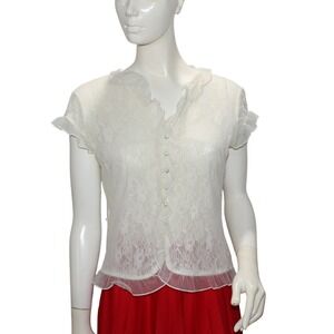 Apostrophe‎ Ivory Lace V Neck Short Sleeve Button Front Semi-sheer Top M VTG Y2K